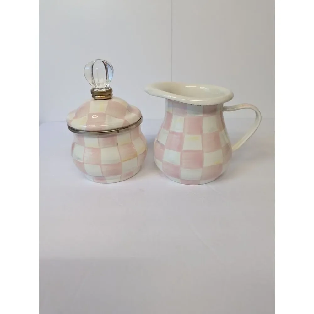 MacKenzie-Childs Rosy Check Enamel Creamer & Lidded Sugar Bowl Set Pink Like New